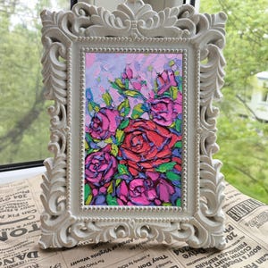 Pintura al óleo enmarcada de rosas, empasto de flores para enamorados, rosa rosa original, arte mural abstracto, bellas artes texturizadas, floral hecho a mano, regalo para ella