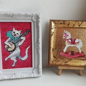 Paquete de animales enmarcados originales, pintura de gato, caballo de juguete original, arte de gato tocando la guitarra, ilustraciones de animales, arte de caballos, decoración de habitación infantil