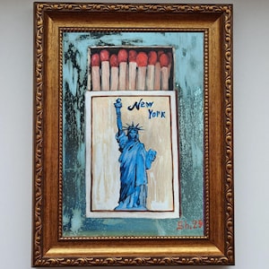 Pintura a óleo de Nova York, Estátua da Liberdade, Combina com moldura original, Viagem pelos EUA, Pintura urbana de paisagem urbana, Natureza morta original
