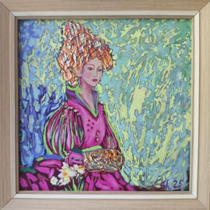 Pintura al óleo de mujer enmarcada, obra de arte de niña, retrato femenino original, arte texturizado de mujer, retrato original, arte de fantasía de niña, regalo moderno