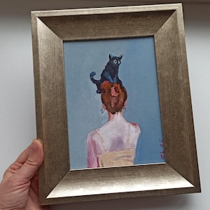 Pintura al óleo original enmarcada, mujer con gato, retrato femenino sin rostro, regalo para amantes de los gatos, niña con gato original, arte de gato negro, regalo para ella