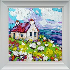 Pintura a óleo da Irlanda emoldurada, original de chalé irlandês, pintura de ovelhas, impasto de paisagem abstrata, arte impressionista de fazenda, presente para ele