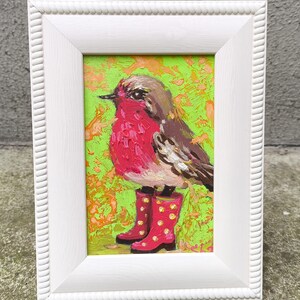 Petirrojo original, pájaro con botas enmarcado, pintura de pájaros rojos, obra de arte animal optimista, decoración infantil, regalo moderno