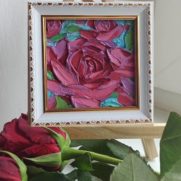 Peinture à l’huile de fleurs de roses, peinture d’empâtement floral, œuvre d’art rose rose, art mural, mini œuvre d’art, encadré fait à la main, cadeau pour elle