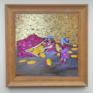 Judíos y dinero (original enmarcado), pintura al óleo sobre monedas de oro, tesoros, arte fantástico, obra de la Habitación Dorada, pintura de judíos, arte fantástico original