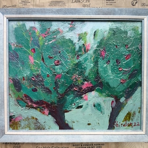Paisagem original emoldurada, Parque Nacional empastado, Arte em floresta, Pintura a óleo de árvore, Arte em azul-petróleo do Texas, Arte em macieira, Presente moderno
