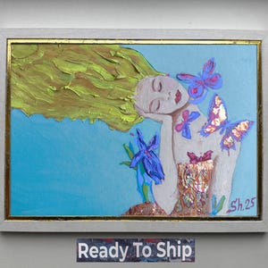 Pintura al óleo de mujer enmarcada, obra de arte de niña, retrato femenino original, arte de mariposas de mujer, retrato original, arte de fantasía de niña, regalo moderno