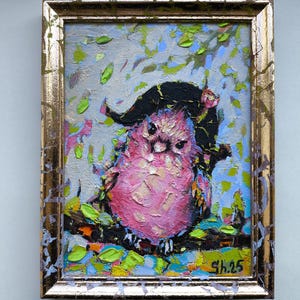 Pájaro rosa original enmarcado, pintura de Napoleón, pájaro con sombrero, obra de arte, pájaro optimista, arte animal original, arte de fantasía, dibujos animados, decoración, regalo para niño
