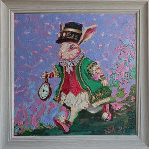 Conejo original enmarcado, divertida pintura al óleo de conejito, animales empastados, retrato de conejo, arte de Alicia en el país de las maravillas, arte de conejo con reloj