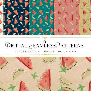 Watermelon Summer Cocktail | Seamless Digital Pattern Bundle | Hand-Drawn |12x12&quot; PNG | Instant Download