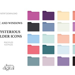 May include: A set of 18 folder icons in various colors, including pink, purple, blue, green, beige, and black. The icons are arranged in a grid of 6 rows and 3 columns. The text "INSTANT DOWNLOAD", "MAC AND WINDOWS", "MYSTERIOUS FOLDER ICONS", "PNG FILES", "ICO FILES", and "illustra digital" is also included in the image.