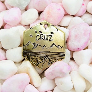 Hand Stamped Road Trip Dog Tag, Mountain Hexagon Pet ID