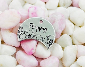 Pet ID Tag, POPPIES 2 Shaped Dog Tag, Poppies, Dog Tag for Dogs, Floral Dog Collar Tag, Hand Stamped Pet ID Tag, Flowers, Wedding, Botanical