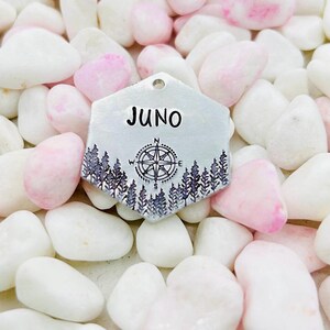 May include: A silver-colored, hexagonal pet tag with the name "JUNO" in black lettering. The tag features a compass design and a forest silhouette. The tag is surrounded by white and pink pebbles.