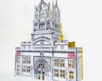 May include: A detailed black and white illustration of a building with a tall tower and intricate details. The building has a large arched entrance and many windows. The illustration is printed on a white background.