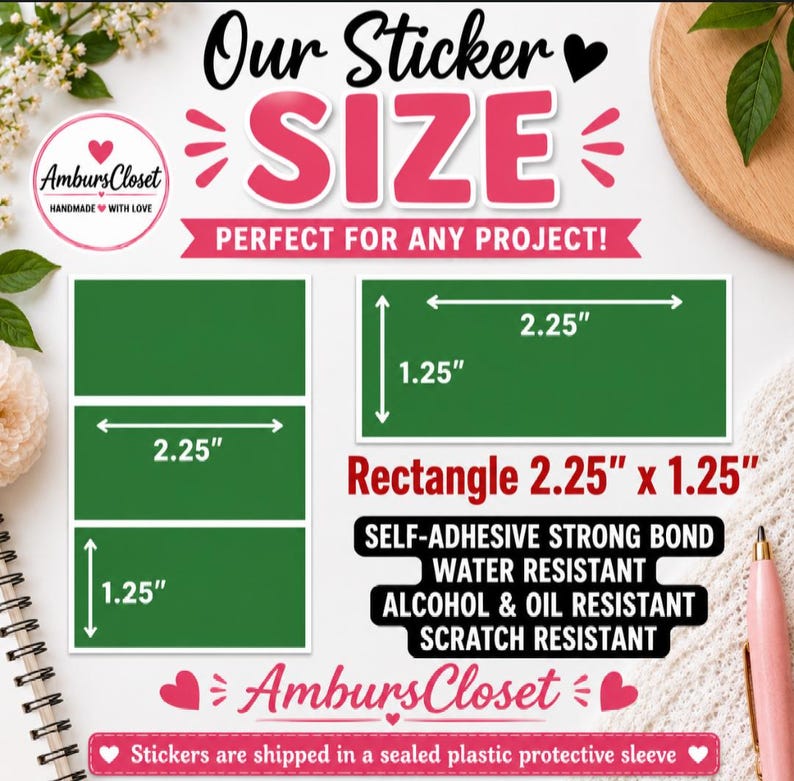 Puede incluir: Un gr&aacute;fico que muestra pegatinas rectangulares verdes con dimensiones de 2,25 pulgadas por 1,25 pulgadas. El texto dice Our Sticker SIZE, Rectangle 2,25 x 1,25, y enumera caracter&iacute;sticas como autoadhesivo, resistente al agua, alcohol, aceite y ara&ntilde;azos.