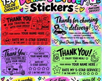 May include: A collection of rectangular delivery driver stickers featuring black text and graphics on red, holographic, purple, and light green backgrounds. The designs include phrases like Thank You, Rate My 5-Star Service, and Your Driver: Your Name Here.