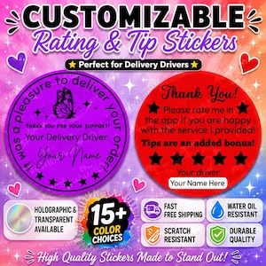 May include: Customizable round stickers for delivery drivers featuring a purple design with a butterfly and a red design with five stars. The text includes 'It was a pleasure to deliver your order', 'Thank You!', and 'Your Delivery Driver: Your Name'.