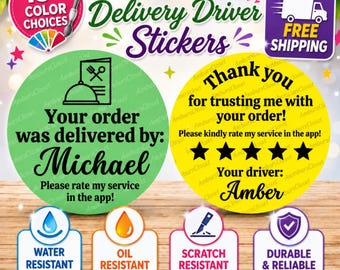 40 pegatinas impresas de 2" para DoorDash, UberEats y Grubhub. ¡Precintos resistentes a rayones! ¡Aumenta tus propinas! ¡Conductor de reparto con nombre!
