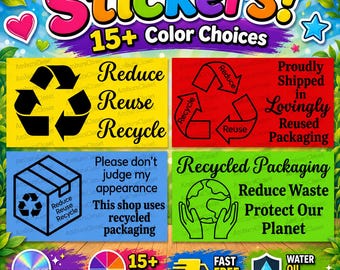 50 RECYCLED PACKAGING Stickers 2.25" Labels Seals Shipping Scratch Resistant Eco Friendly Reduce Recycle Reuse Packaging Save our Planet