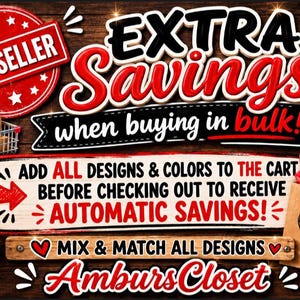 Puede incluir: Un gr&aacute;fico promocional sobre un fondo de madera oscura con el texto EXTRA SAVINGS when buying in bulk! y ADD ALL DESIGNS & COLORS TO THE CART BEFORE CHECKING OUT TO RECEIVE AUTOMATIC SAVINGS! con un carrito de compras y una bolsa.