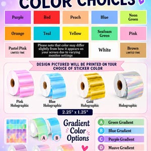 Puede incluir: Una tabla de colores de pegatinas con una cuadr&iacute;cula de colores s&oacute;lidos que incluye morado, rojo, melocot&oacute;n, azul, verde ne&oacute;n, naranja, verde azulado, amarillo, verde espuma de mar, rosa, rosa pastel, blanco y marr&oacute;n. Incluye rollos hologr&aacute;ficos y degradados de 5,7 cm x 3,2 cm.