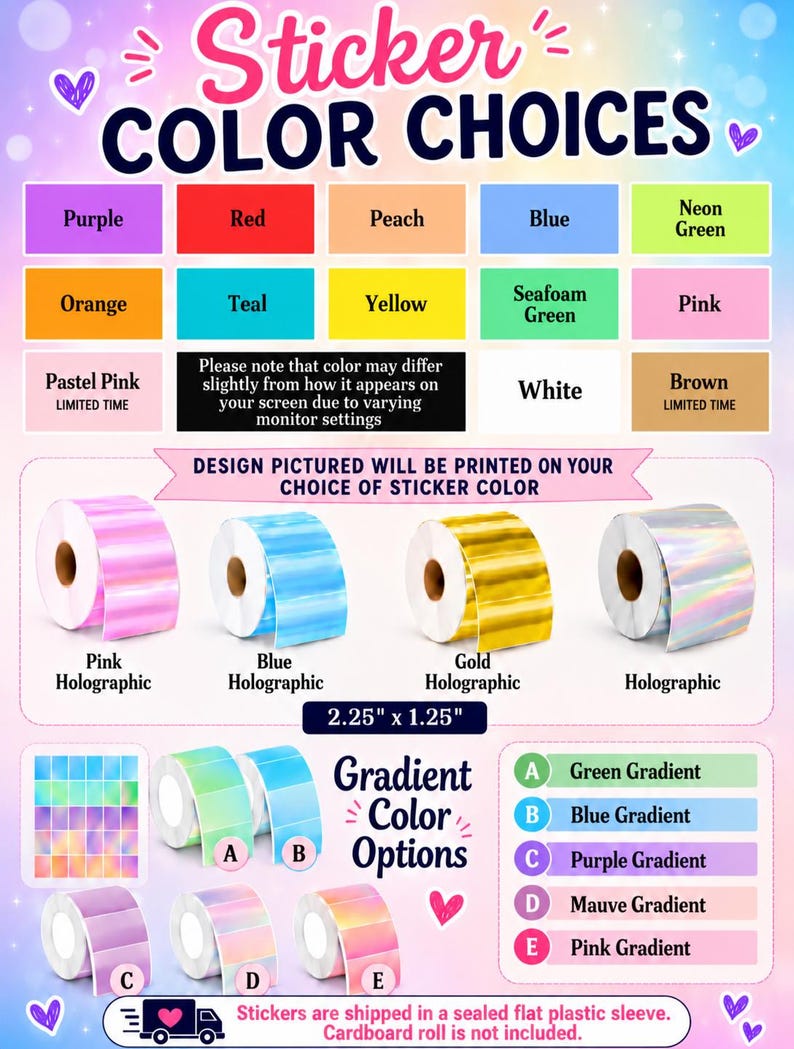 Puede incluir: Una tabla de colores de pegatinas con una cuadr&iacute;cula de colores s&oacute;lidos que incluye morado, rojo, melocot&oacute;n, azul, verde ne&oacute;n, naranja, verde azulado, amarillo, verde espuma de mar, rosa, rosa pastel, blanco y marr&oacute;n. Incluye rollos hologr&aacute;ficos y degradados de 5,7 cm x 3,2 cm.