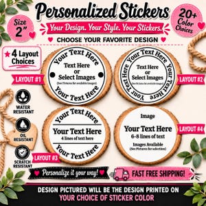 May include: A set of four circular personalized stickers with a 2-inch diameter, featuring various layout options for custom text and images. The stickers are water, oil, and scratch resistant, with text including 'Personalized Stickers', 'Your Design. Your Style. Your Stickers.', 'Choose Your Favorite Design', and 'Personalize it your way!'.