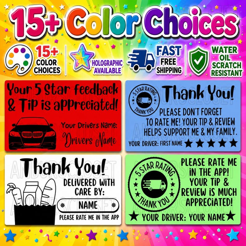 Puede incluir: Un conjunto de cuatro pegatinas rectangulares con texto y gr&aacute;ficos coloridos. La pegatina roja muestra un coche, la azul un icono de calificaci&oacute;n de cinco estrellas, la blanca una bolsa de la compra y la verde un icono de cami&oacute;n.