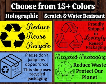 50 RECYCLED PACKAGING Stickers 2.25" Labels Seals Shipping Scratch Resistant Eco Friendly Reduce Recycle Reuse Packaging Save our Planet