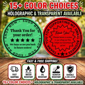 May include: Two circular stickers with black text. The green sticker reads Thank You for your order! with five stars. The red sticker reads Thank You! Please leave a review in our shop. Icons below indicate fast shipping, water, oil, and scratch resistance.