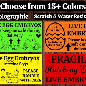 May include: Four different warning labels for shipping live egg embryos. The first label is green with a chick and the text 