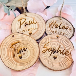Engraved Name Place | Wedding Place Name | Wooden Log Slices Place Name | Wedding Table Decor | Hanging Keepsake | Rustic Wedding