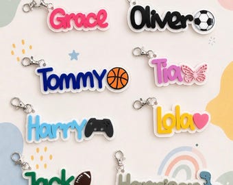 Personalised Acrylic Name Bag Charm, Kids School Bag Tag, Backpack Name Keyring, Football Gaming Dinosaur Butterfly Bag Charm