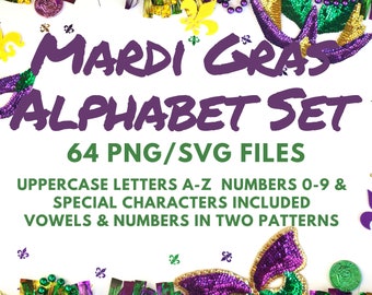 Mardi Gras Uppercase Letters SVG/PNG Clipart Alphabet and Numbers Instant Download great for sublimation Or Print & Cut use on all crafts