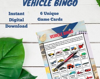 Vehicle Printable Bingo Game. Have fun on your next road trip Digital Download. Great travel game for kids and adults