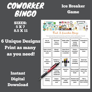 May include: A printable coworker bingo game with a colourful office theme. The bingo card has 25 squares with prompts like "Borrowed from a coworker", "Made coffee at work", "Dated a coworker's relative", and "Worked from home".