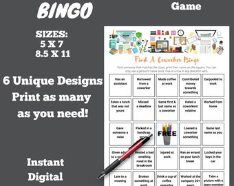 Coworker Printable Bingo Game. Have fun getting to know coworkers.  Ice Breaker Digital Download. Great for team events get people talking.