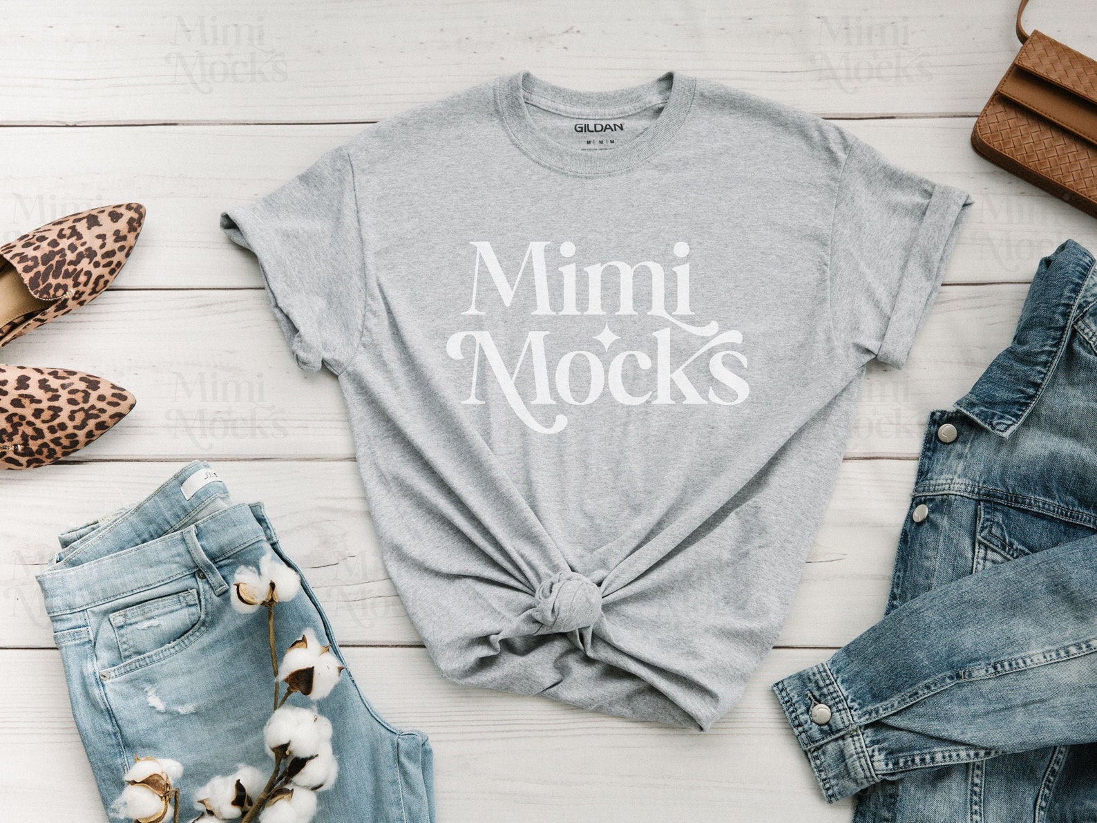 Download Grey Tshirt Mockup Gildan 64000 Unisex Women Flatlay Wood ...