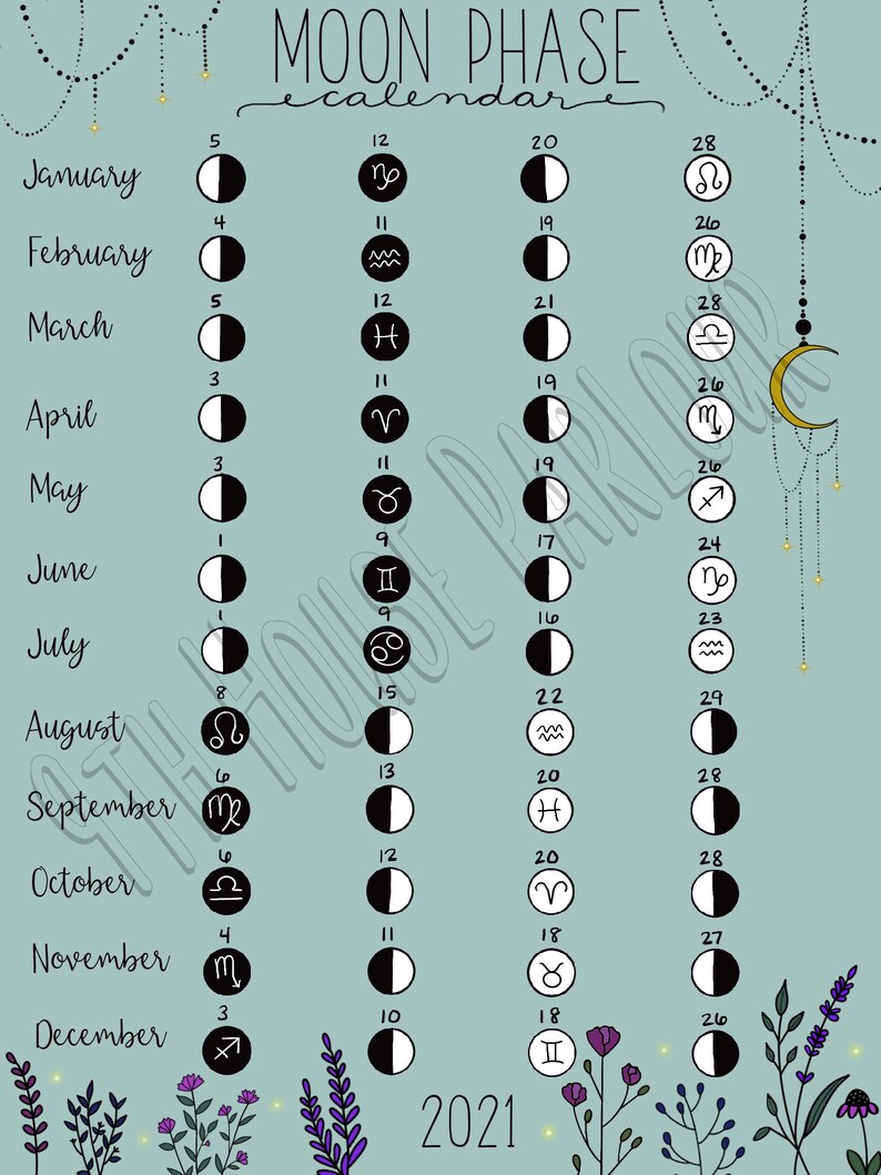 2021 Moon Phase Printable Calendar Green | Etsy