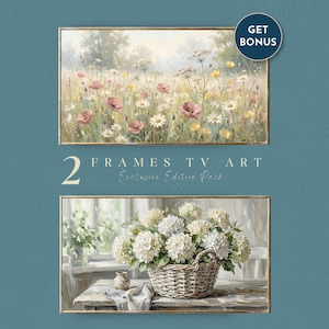 Samsung Frame TV Art Cottagecore, Wildflower Meadow TV Wallpaper, Hydrangea Flower Basket Decor Rustic, Vintage Flowers Digital Art Pack 2+1