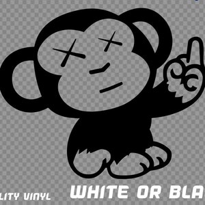 May include: A black and white cartoon monkey illustration with crossed-out eyes and an extended middle finger. The text "WHITE OR BLACK" is below the monkey. The words "QUALITY VINYL" are also visible.