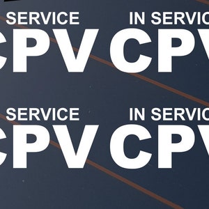 May include: A dark blue background featuring the text "IN SERVICE" above the white letters "CPV" repeated four times. Brown diagonal lines are also visible.