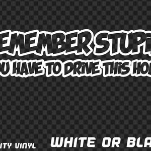 May include: White vinyl sticker with the text "REMEMBER STUPID YOU HAVE TO DRIVE THIS HOME" in a bold, sans-serif font. The sticker also includes the text "QUALITY VINYL" and "WHITE OR BLACK". The background is a checkered pattern.