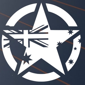 May include: White star-shaped graphic featuring the Australian flag design within a white circle. The design includes the Union Jack, Southern Cross constellation, and a large star. The background is dark blue with brown lines.