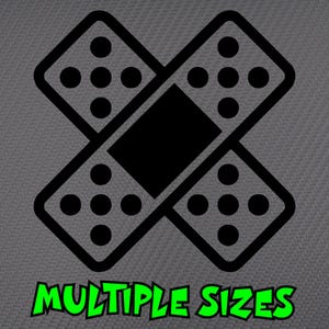 May include: Black graphic of two overlapping plasters with dotted details. The text "MULTIPLE SIZES" is in green, below the plasters. The background is a textured grey.