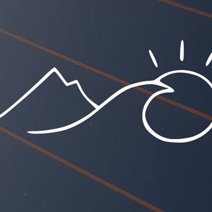 May include: A white line drawing of a mountain range, a wave, and a sun. The minimalist design is set against a dark blue background with diagonal brown lines. The image suggests a theme of nature and outdoor activities.