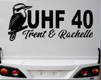 UHF 40 Kookaburra Sticker Car Decal Vinyl Caravan UHF Channel 40 Custom Name Australia Van Camper Ute Travel Adventure Awaits Personalised