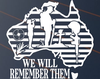 May include: White silhouette of Australia with horizontal stripes, featuring a poppy, soldiers, a cross, and a rifle. The text "WE WILL REMEMBER THEM" is at the bottom. The design is on a dark blue background.