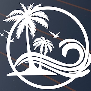 May include: White silhouette of a tropical scene. It features two palm trees on an island, waves, and three birds, all within a circular frame. The design evokes a beach vacation theme.